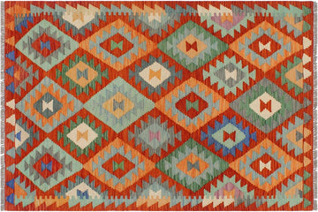 Flat Weave Kilim, Antique, Navaho, Vintage, Handmade, Geometric Kilim Rust Blue Hand-Woven Rectangle 100% Wool Area Rug 3 x 5